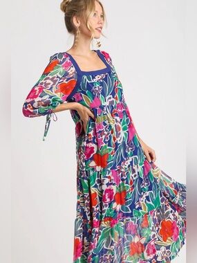 Umgee Royal Blue Tropical Dress - Maternity friendly, straight size friendly